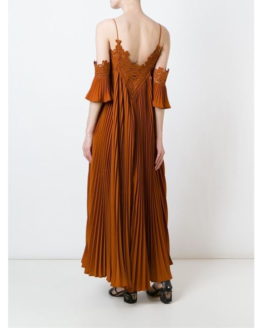 Orange off shoulder pleated chiffon dress sale